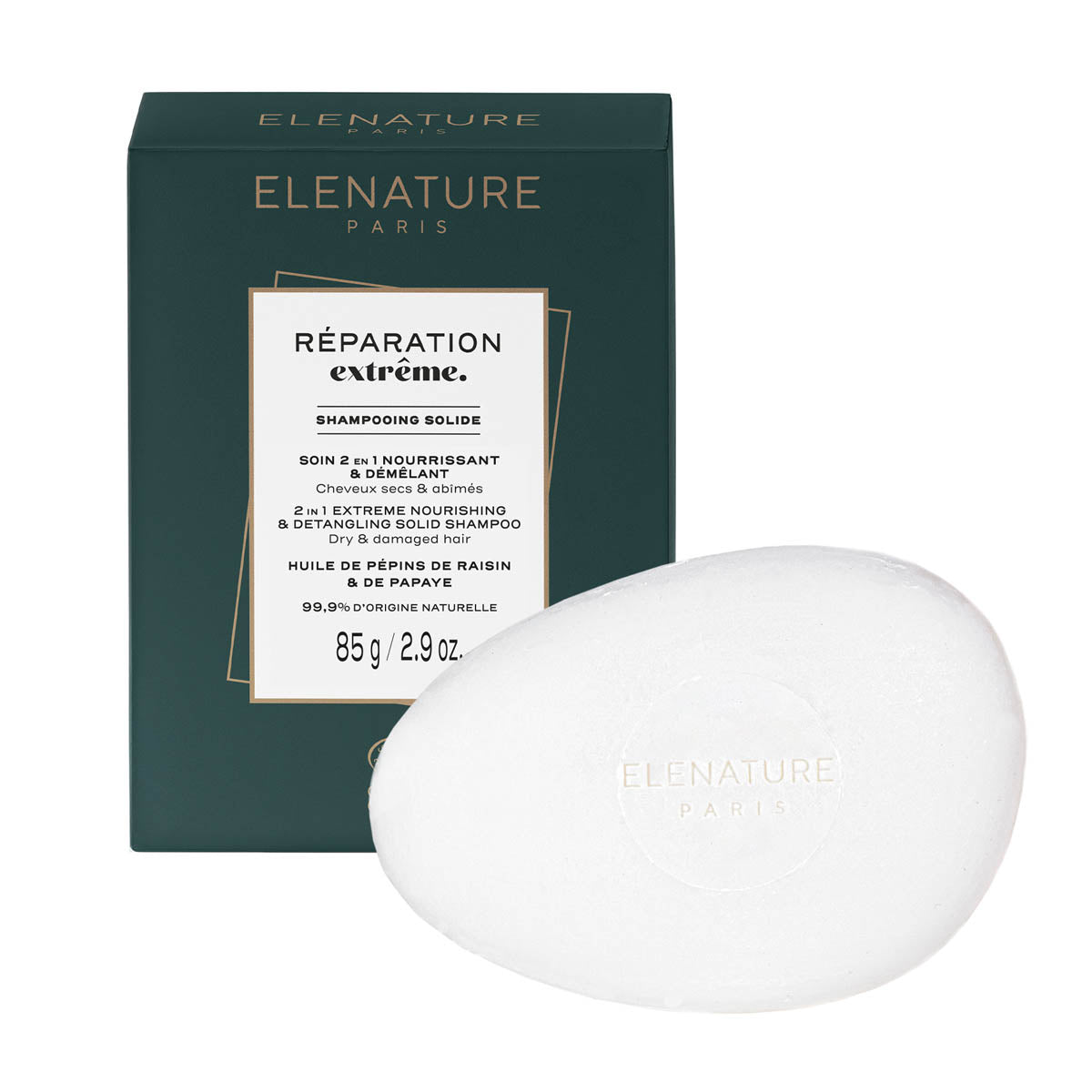 shampooing solide - soin 2-en-1 nourrissant et démêlant, réparation extrême, elenature